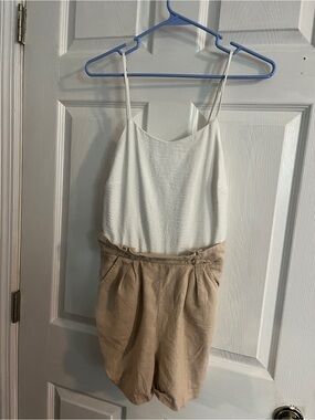Altar'd State White and Tan Spaghetti-Strap Romper